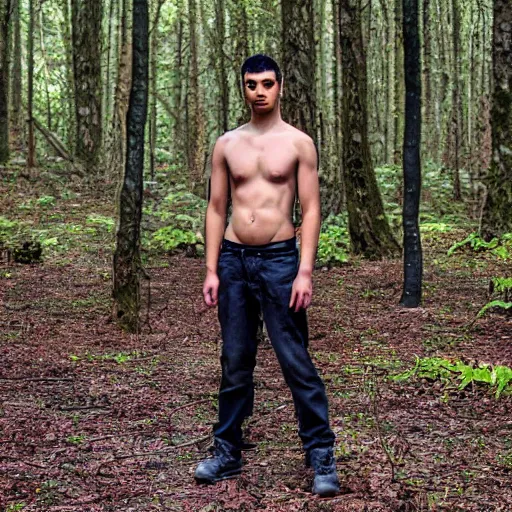 Image similar to male human and crow hybrid, photograph captured in a forest