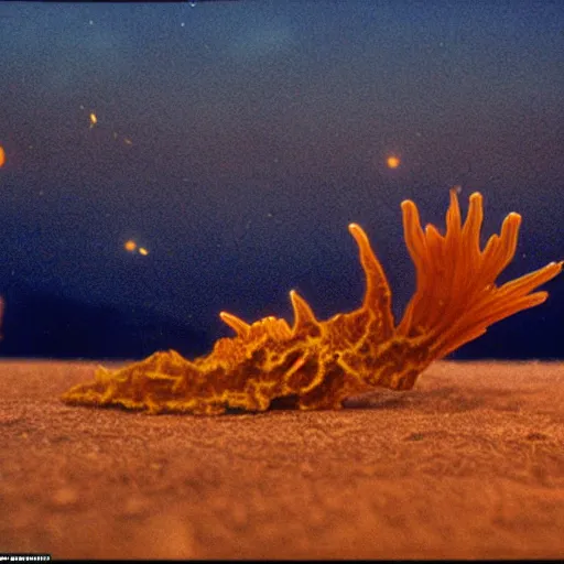 Prompt: enormous bioluminescent nudibranch kaiju attacking a city in a salt plain golden hour by David Lynch 35mm film grain