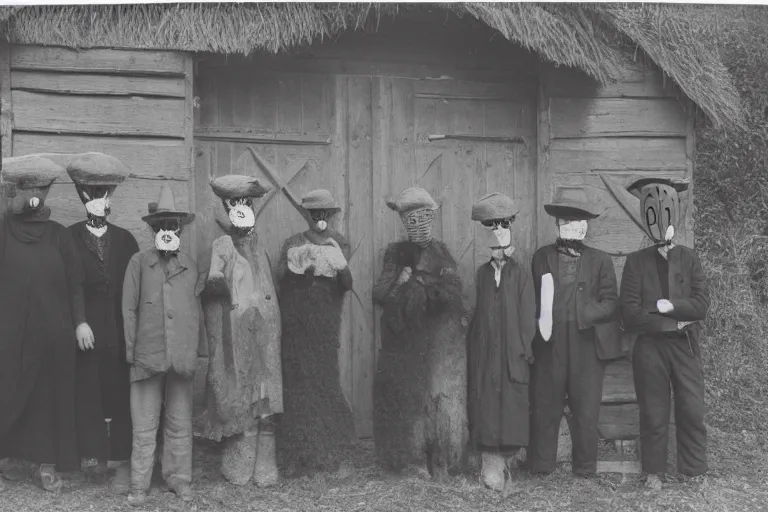 Image similar to vintage photo of villagers wearing weird masks outside a barn by hilla becher, eerie, bizarre, highly detailed shot, dramatic 8 k uhd