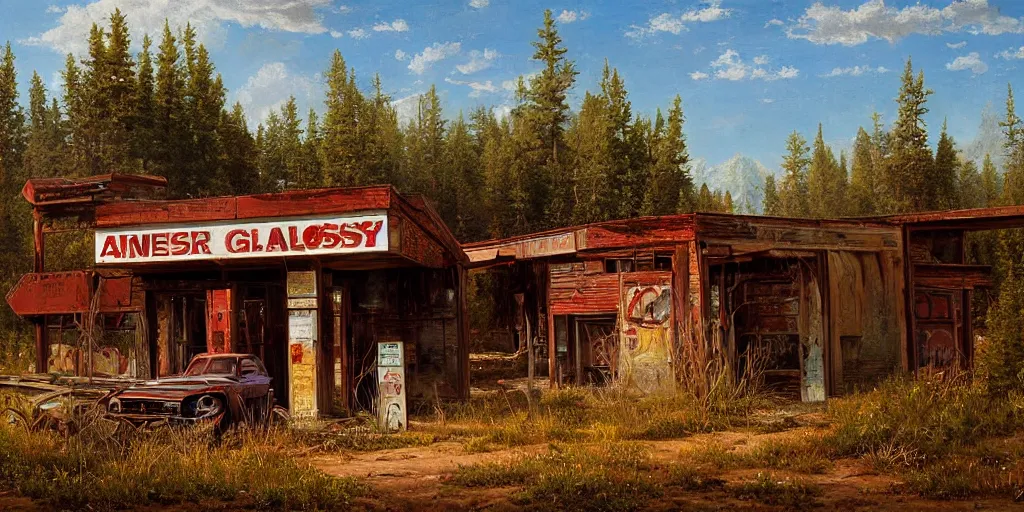 Image similar to an abandoned old rusty American gas station in Colorado mountains, oil painting, highly detailed, artwork, in style of Albert bierstadt