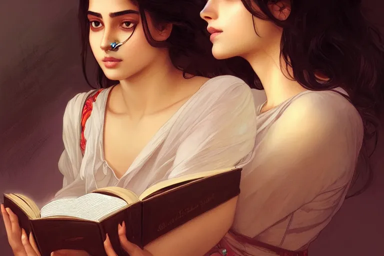 Image similar to sensual good looking pale young bengali girl with soulful eyes reading a novel, portrait, elegant, intricate, digital painting, artstation, concept art, smooth, sharp focus, illustration, art by artgerm and greg rutkowski and alphonse mucha