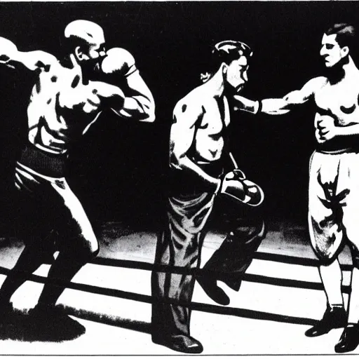 Image similar to Karl Marx and Ayn Rand boxing, photo, 1920, boxing ring background