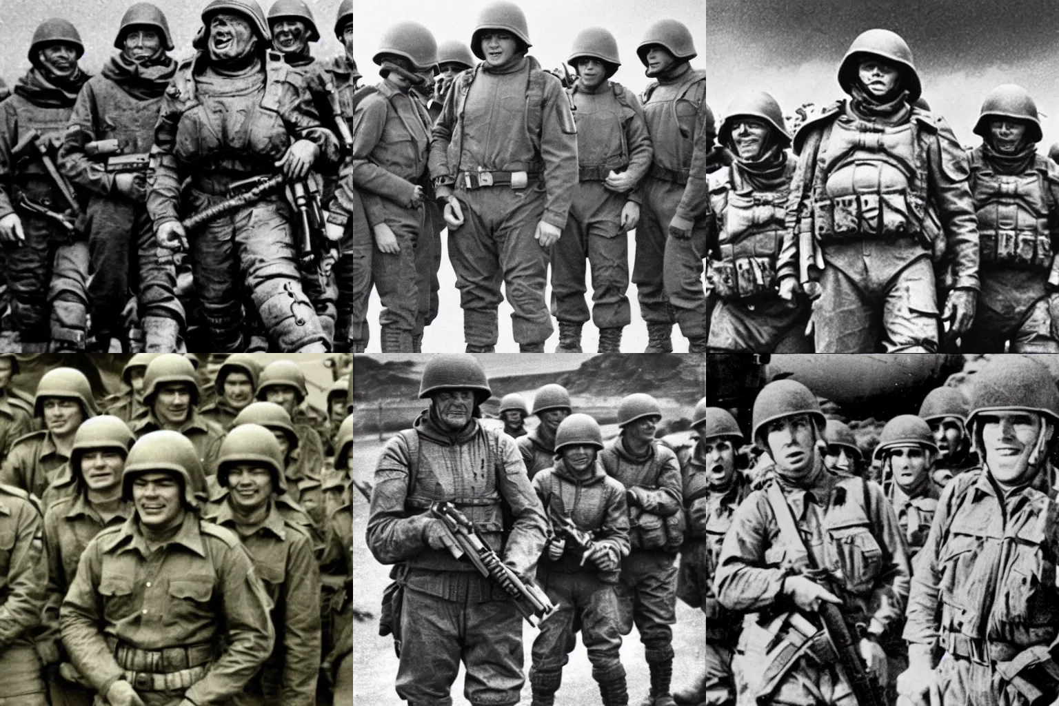 Prompt: historical photograph of Doomguy amongst allied soldiers at the D-day invasion