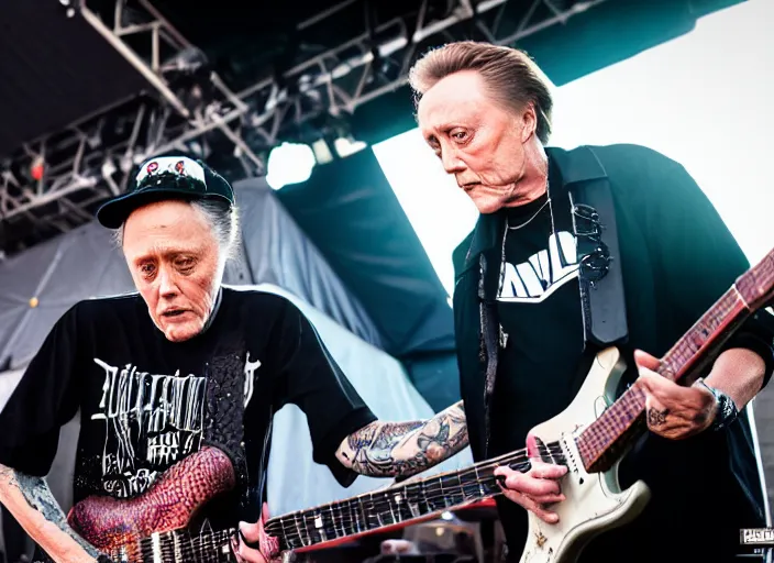 Image similar to photo still of christopher walken on stage at vans warped tour!!!!!!!! at age 5 5 years old 5 5 years of age!!!!!!! shredding on guitar, 8 k, 8 5 mm f 1. 8, studio lighting, rim light, right side key light