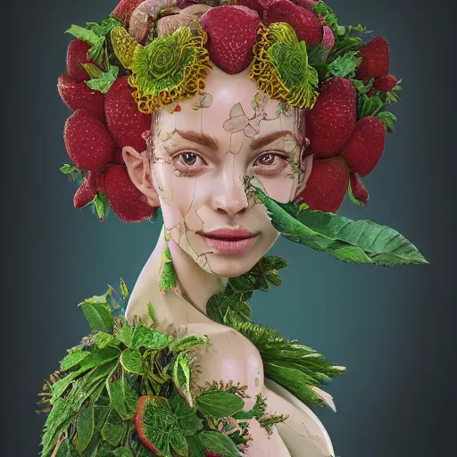 Prompt: the portrait of an absurdly beautiful, graceful, elegant, sophisticated, dignified woman made of strawberries and green petals looking up, an ultrafine hyperdetailed illustration by kim jung gi, irakli nadar, intricate linework, bright colors, octopath traveler, final fantasy, unreal engine 5 highly rendered, global illumination, radiant light, detailed and intricate environment