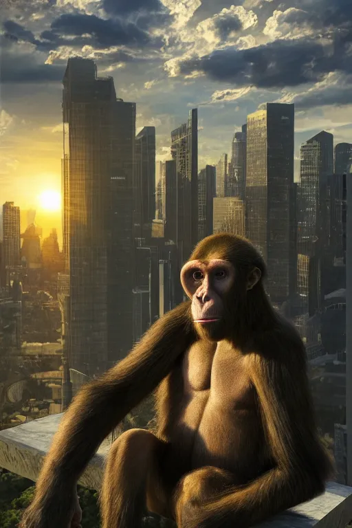 Image similar to ape wearing formal suit eating other apes in surreal scene, cubical meeting room office, skyline showing from the windows, 8k hyper realistic, sunset, volumetric rays, fine art, artstation, matte painting, masterpiece by vasnetsov