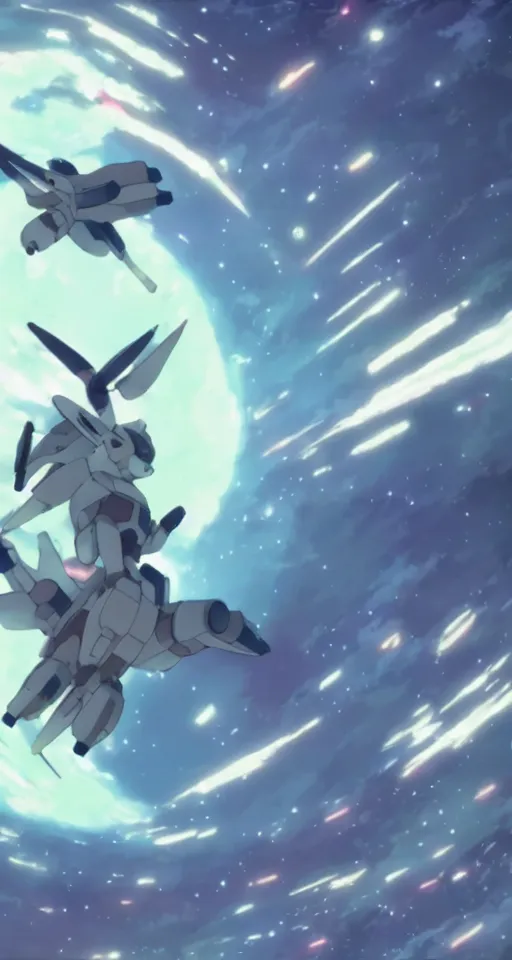 Prompt: a bunny rabbit in the science fiction anime series gundam by makoto shinkai, flying through space, cinematic, shooting star