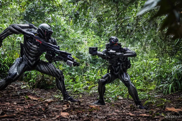 Image similar to Crysis Nanosuit shooting at enemies in a jungle combat photography 2022, Canon EOS R3, f/1.4, ISO 200, 1/160s, 8K, RAW, unedited, symmetrical balance, in-frame,