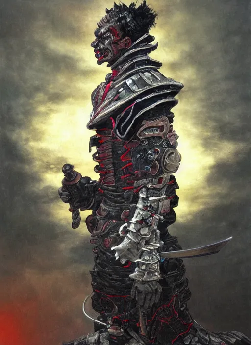 Image similar to portrait of a diabolical cyborg clown samurai, torn cape, adaptive armor, dynamic pose, heavy eyes to the side, ancient ruins, glowing veins subsurface scattering, in clouds, sunset, portrait, by gerald brom, by mikhail vrubel, by peter elson, muted colors, extreme detail, reflections, trending on artstation, 8 k