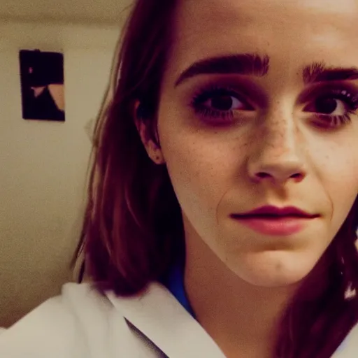Image similar to photo, close up, emma watson in nurse scrubs, dim light, low light, fog, head and shoulders, android cameraphone, snapchat story screenshot, 2 6 mm,