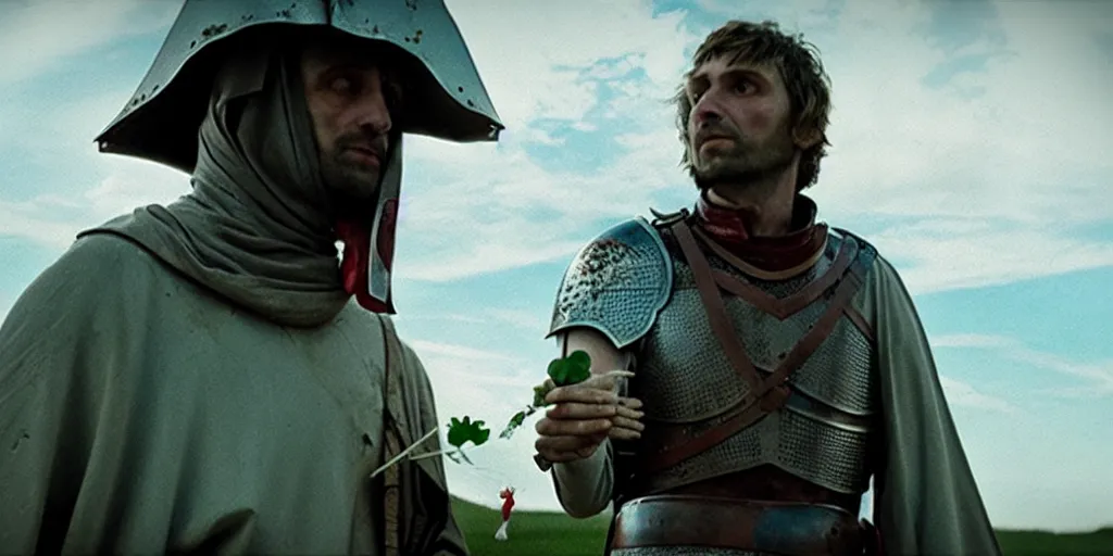 Prompt: film still of closeup the knight holds a bleeding heart in his hand by emmanuel lubezki