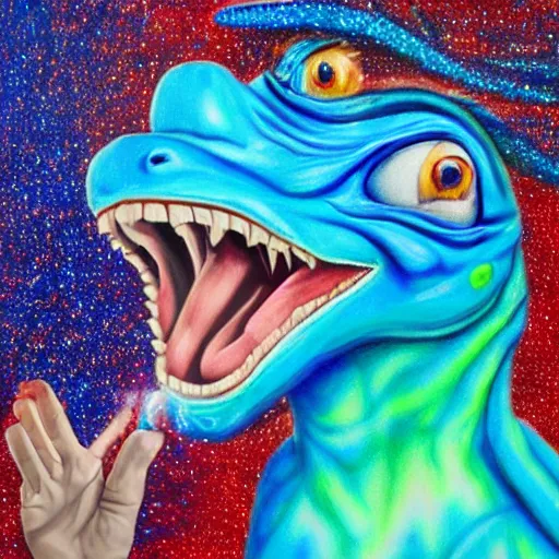 Prompt: president donald j clinton trump as a smiling laughing bright blue lizard person, airbrush painting, hyper detailed, 8 k, photorealism, rule of thirds, glitter.