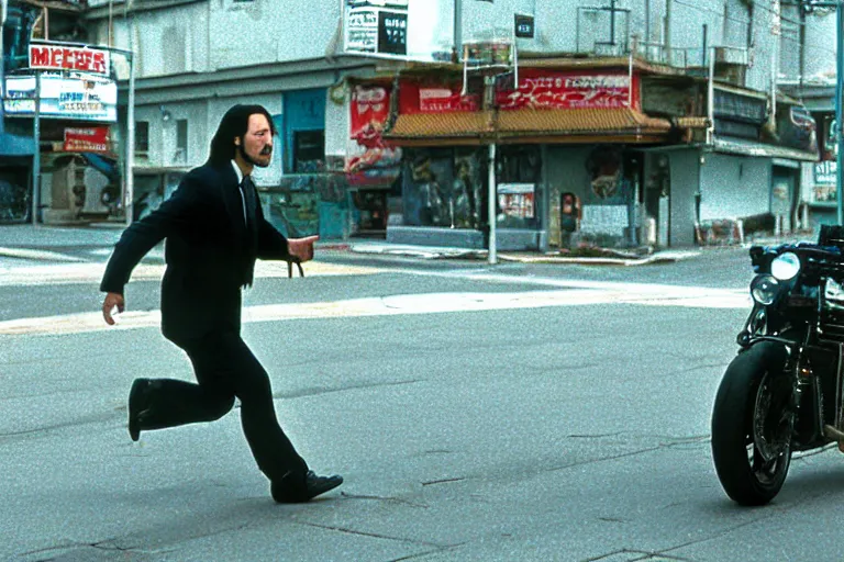 Image similar to beautiful hyperrealism three point perspective film still of Keanu Reeves as neo in bullet time aiming at agent smith in a nice oceanfront promenade motorcycle chase scene in Matrix meets ronin(1990) extreme closeup portrait in style of 1990s frontiers in translucent porcelain miniature street photography fashion edition,, tilt shift style scene background, soft lighting, Kodak Portra 400, cinematic style, telephoto by Emmanuel Lubezki