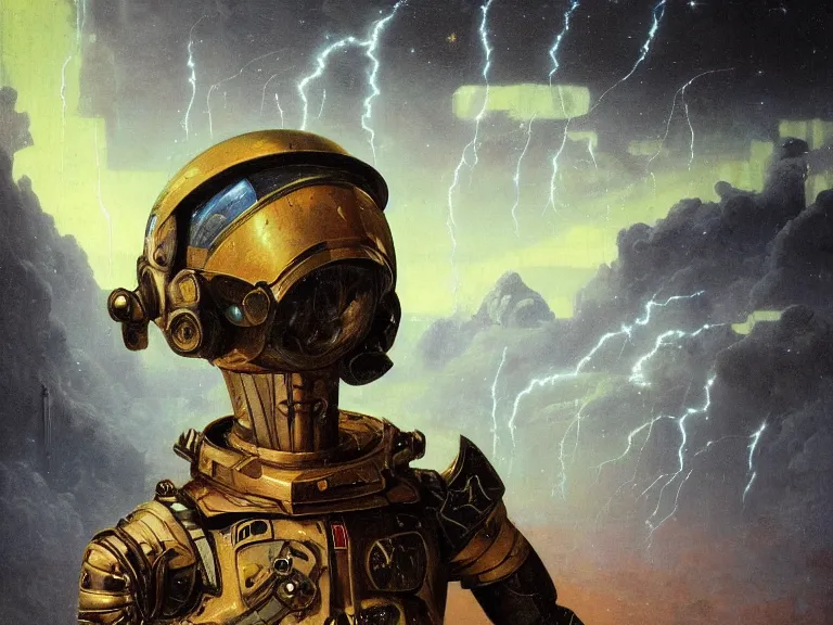 Image similar to a detailed profile oil painting of a lone shock trooper in a space armour and visor, cinematic sci-fi poster. technology flight suit, bounty hunter portrait symmetrical and science fiction theme with lightning, aurora lighting clouds and stars by beksinski carl spitzweg and tuomas korpi. baroque elements. baroque element. intricate artwork by caravaggio. Trending on artstation. 8k