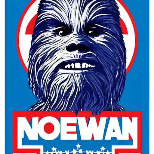 Prompt: chewbacca presidential election poster showing close up of chewbacca face red and blue duotone screenprint by sheperd fairey