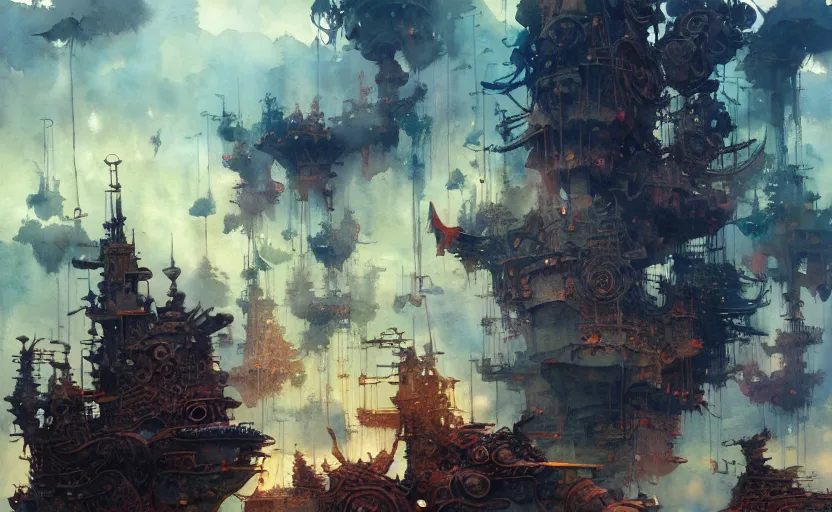 Image similar to airshps fleet, fantasy, steampunk. intricate, amazing composition, colorful watercolor, by ruan jia, by maxfield parrish, by marc simonetti, by hikari shimoda, by robert hubert, by zhang kechun, illustration, gloomy