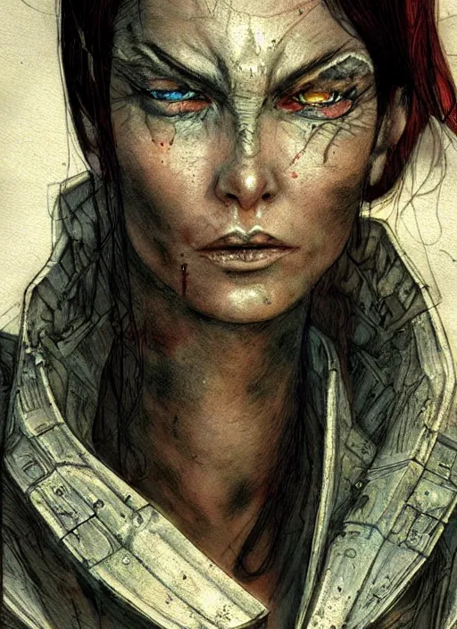 Prompt: female cyberpunk demigod, character design by enki bilal, close - up, detailed, intricate, moody : : very coherent, trending on artstation