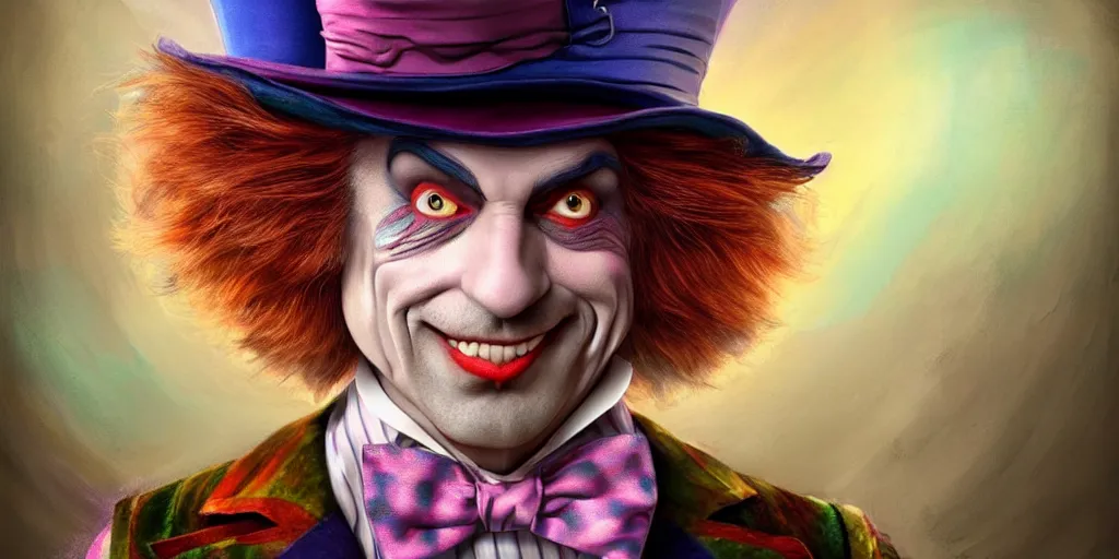 Image similar to The Mad Hatter portrait, Alice in wonderland, colorful, wide angle, super highly detailed, professional digital painting, artstation, concept art, smooth, sharp focus, no blur, no dof, extreme illustration, Unreal Engine 5, Photorealism, HD quality, 8k resolution, cinema 4d, 3D, beautiful, cinematic, art by artgerm and greg rutkowski and alphonse mucha and loish and WLOP