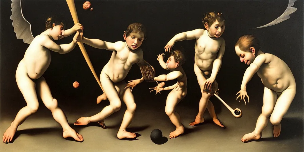 Prompt: “A painting by Caravaggio Dali Steichen depicting an early precursor to baseball called frogbat in which smiling children swing large black bats by their bat wing to hit a frog ball thrown by an insane child. The giant winged black bats love being swung by the children. 8k, mixed media, vray, maya, Houdini, zbrush, unreal engine, detailed, black bats, trending on artstation. ”