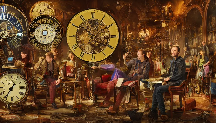 Image similar to coldplay in a circular common room full of antique clocks, high detail, steampunk, fantasy, mechanical, 4 k, trending on artstation