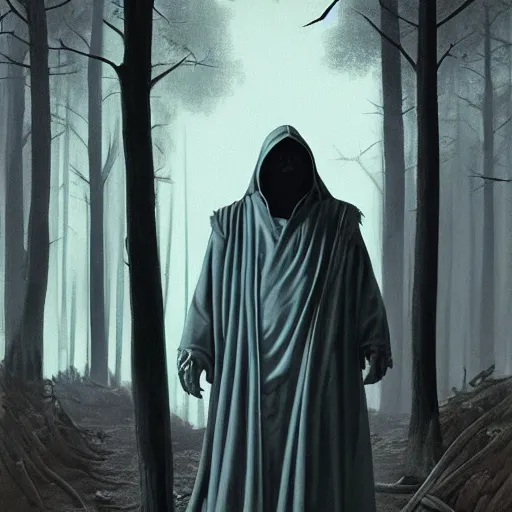 Image similar to portrait of a man in a long flowing hooded cloak and a skull mask on a path of a dark forest, ray traced lighting by Gerald Brom and Norman Rockwell