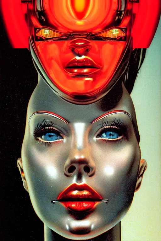 Prompt: cyborg head wrapped in plastic bags by Hajime Sorayama and Artemisia Gentileschi, centered, symmetrical, led, red, bilateral symmetry, 60s poster, polished, lightning, retro dark vintage sci-fi, 2D matte illustration