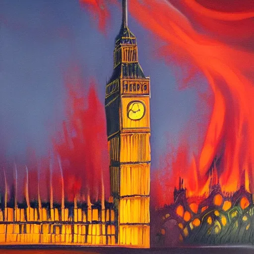 Image similar to detailed, soft, dynamic painting of the Big Ben in flames, burning, arson, professional painting, at dusk