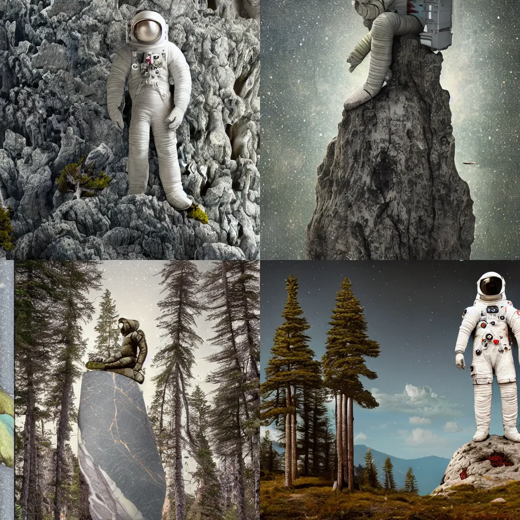 Prompt: gigantic seasoned marble statue of marble astronaut on top of mountain covered by lichen and pines by Amandine Van Ray, detailed, painting, matte, 4k resolution