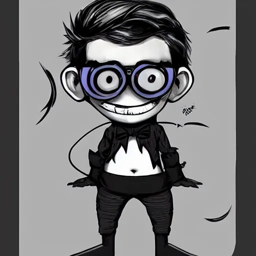 Image similar to a nerdy goth guy wearing goggles and eccentric jewelry by jamie hewlett :: full body character concept art, full body, detailed