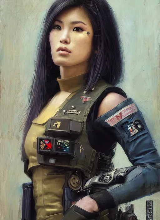 Prompt: Nikki tanaka. beautiful cyberpunk female USN marine wearing a military vest and military jumpsuit (cyberpunk 2077, bladerunner 2049). gorgeous face. Iranian orientalist portrait by john william waterhouse and Edwin Longsden Long and Theodore Ralli and Nasreddine Dinet, oil on canvas. Cinematic, hyper realism, realistic proportions, dramatic lighting, high detail 4k