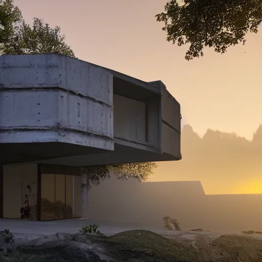 Image similar to extremely detailed non-Euclidean stunning sophisticated beautiful house of greebles, stunning volumetric light, sunset, concrete and translucent material, stunning skied, 8k