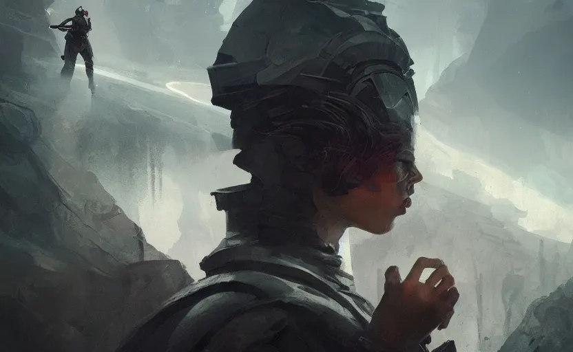 Prompt: portrait of sci fi ranger in brutalist environment, dark epic, acanthus scroll, ceremonial clouds, dripping paint, fibonacci rhythm, artstation, art germ, wlop, karol bak, christopher balaskas, ross tran