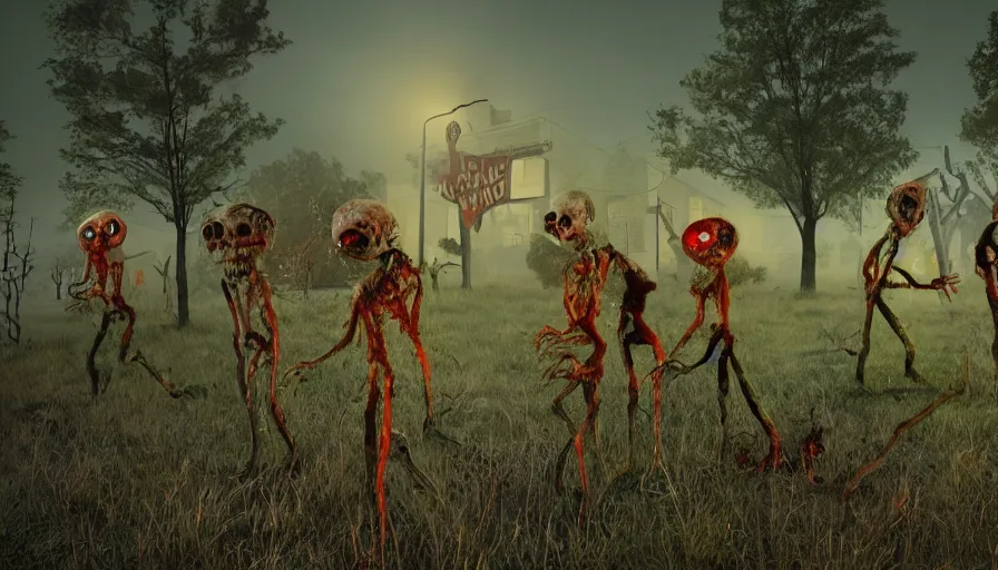 Image similar to night of the living dead by lisa frank's. rotting corpse, zombies, octane render, unreal 5 8 k depth of field, highly - detailed, in the style of squidbillies