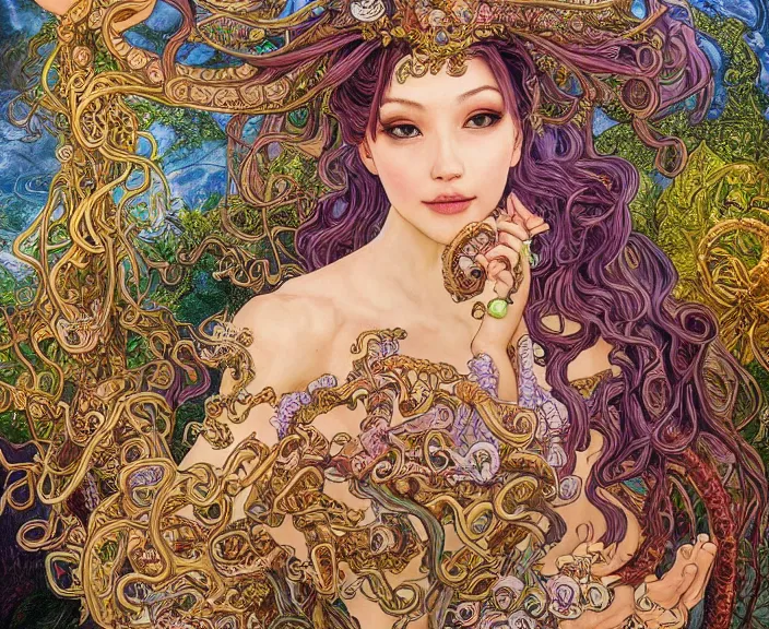 Image similar to portrait of an octopus goddess, full body shot, rule of thirds, wide angle, amazing landscape in background, magic realism, fantasy, whimsical, horror, art by riot games and chengwei pan and josephine wall and amanda sage and alphonse mucha, intricately detailed, highly detailed, luxurious, elegant, clean, unsettling, trending on artstation