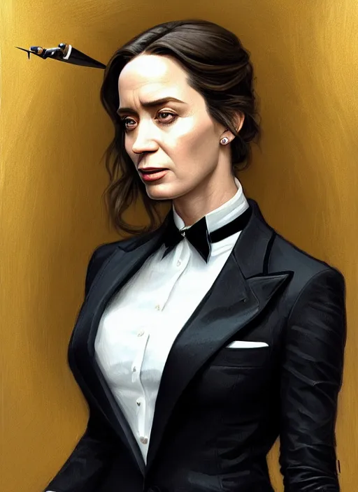 Image similar to portrait of emily blunt with reptile eyes as business woman, black suit, white shirt, black tie, intricate, headshot, highly detailed, digital painting, artstation, concept art, sharp focus, cinematic lighting, illustration, art by artgerm and greg rutkowski, alphonse mucha, cgsociety