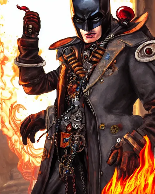 Image similar to steampunk batman with fire and ice magic coming out from his hands in a dystopian environment, full body view, highly detailed, amazing digital art, artstation, sharp focus