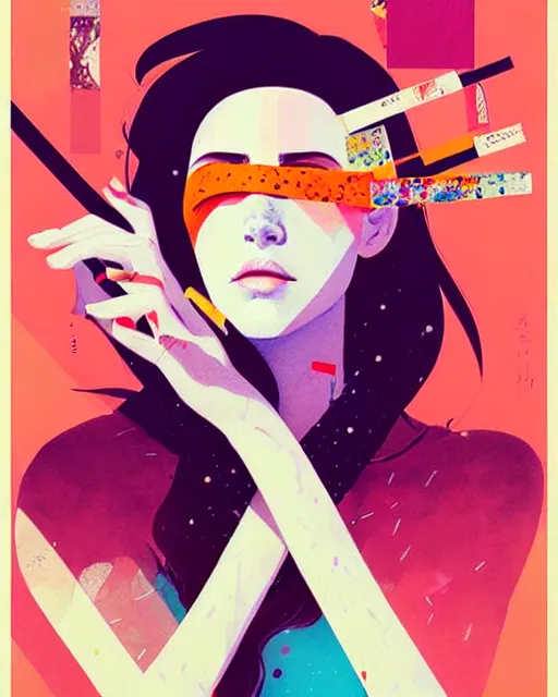 Image similar to a ultradetailed beautiful painting of a stylish woman with colorful band - aids, concert poster, retro, by conrad roset, greg rutkowski and makoto shinkai