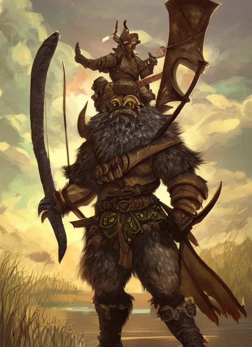 Prompt: strong young man, photorealistic bugbear ranger, black beard, dungeons and dragons, pathfinder, roleplaying game art, hunters gear, flaming sword, jeweled ornate leather armour, concept art, character design on white background, by studio ghibli, makoto shinkai, kim jung giu, poster art, game art
