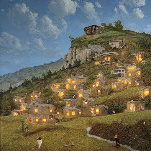 Prompt: The Village on the Cliff, beautiful, by Scott Listfield