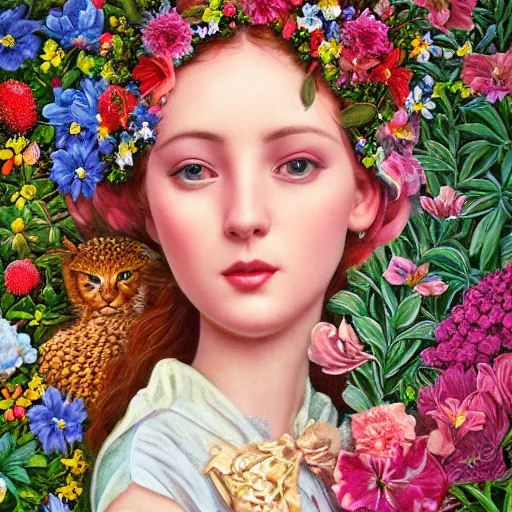 Prompt: a 3 d realistic image of a stunning women surrounded by lush flowers looking at the mark ryden camera, impressionism, art nouveau, pop 3 d 8 k ultra detailed