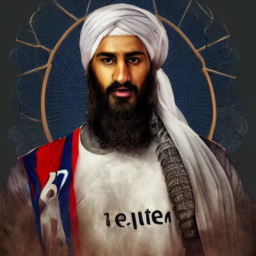 Image similar to Ter Stegen as Osama Bin Laden, Barcelona and Germany goalkeeper, D&D, fantasy, intricate, elegant, highly detailed, digital painting, artstation, concept art, matte, sharp focus, illustration, art by Artgerm and Greg Rutkowski and Alphonse Mucha