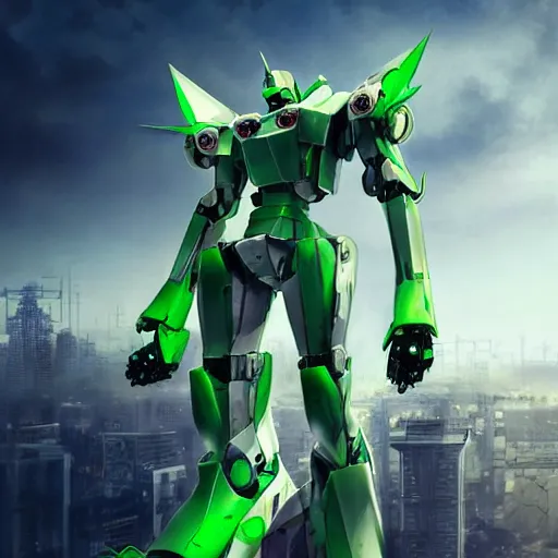 Image similar to Saudi mecha, mecha suit, green and white, epic urban bakground, Murata Yasushi Nirasawa Style, beautiful aesthetic, photorealistic, volumetric lighting, hyperrealistic, octane render, HDR, Production IG Studios Anime Style