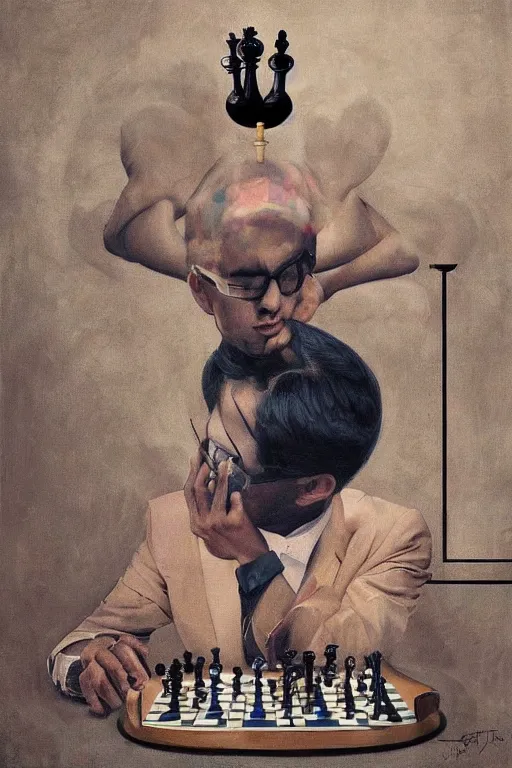 a painting of anish giri pondering over a chess board,, Stable Diffusion