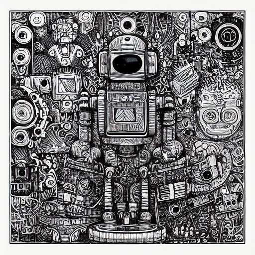 Prompt: “geometrically incomprehensible surreal order of robot world, extremely high detail, photorealistic, intricate line drawings, dotart, album art in the style of James Jean”