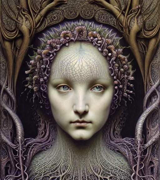 Image similar to detailed realistic beautiful lily goddess face portrait by jean delville, gustave dore, iris van herpen and marco mazzoni, art forms of nature by ernst haeckel, art nouveau, symbolist, visionary, gothic, neo - gothic, pre - raphaelite, fractal lace, intricate alien botanicals, ai biodiversity, surreality, hyperdetailed ultrasharp octane render