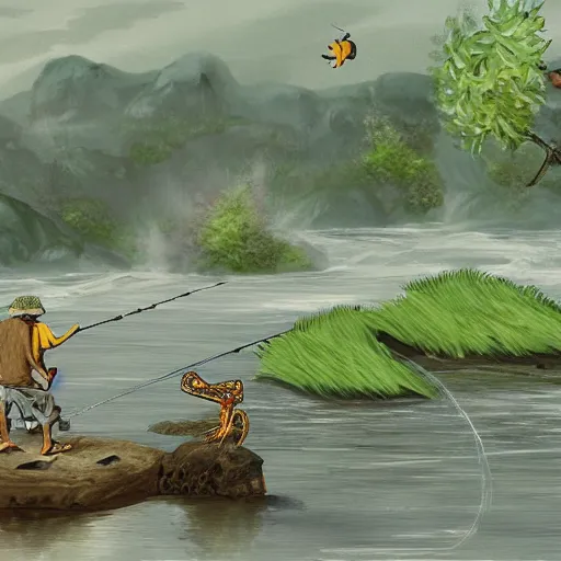 Prompt: concept art of frog people fishing in a river,