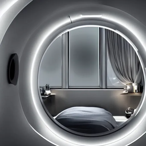 Image similar to small single bedroom inside space ship with round window looking into space, gray metallic walls, style of engine factory room, 1960s, science fiction, ultra realistic, 4k.