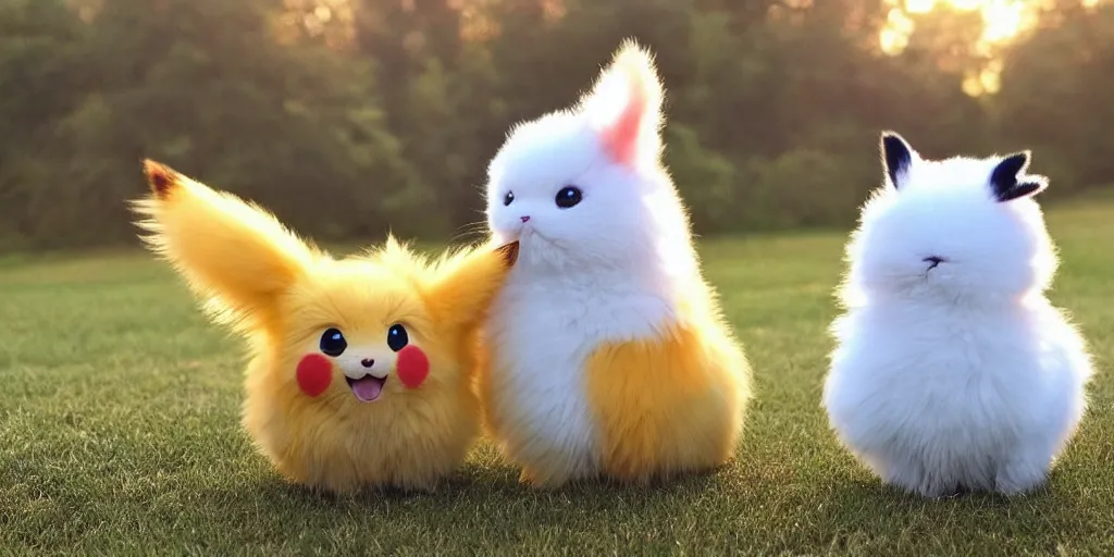 Image similar to real life pokemons, cute!!!, content!!!, mischievous!!!, adorable!!!, fluffy!!!, ultra realistic!!!, spring, golden hour, sharp focus