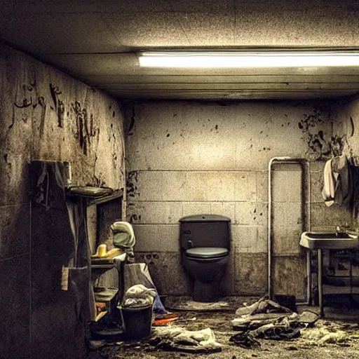 Image similar to a darkly lit janitors room with a toilet in the corner, cleaning supplies, grungy, dirty, highly detailed