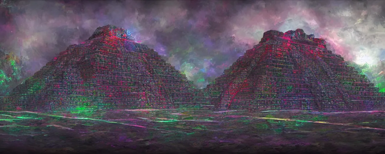 Prompt: rgb aztec temple, concept art, 4 k